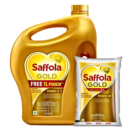 Saffola Gold Refined Cooking oil | Blended of Rice Bran & Sunflower oil | 5 Litre Jar + Free 1 Litre Pouch