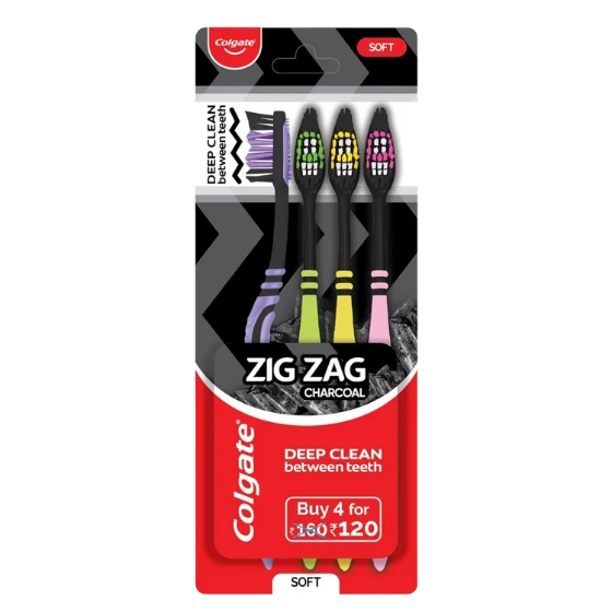Colgate ZigZag Charcoal Soft Bristle Toothbrush- 4 Pcs